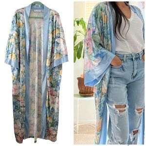Vintage Kimono Duster Robe Floral Satin Trim Size Medium